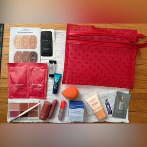 Red Polka Dot Cosmetic Bag with Beauty Products